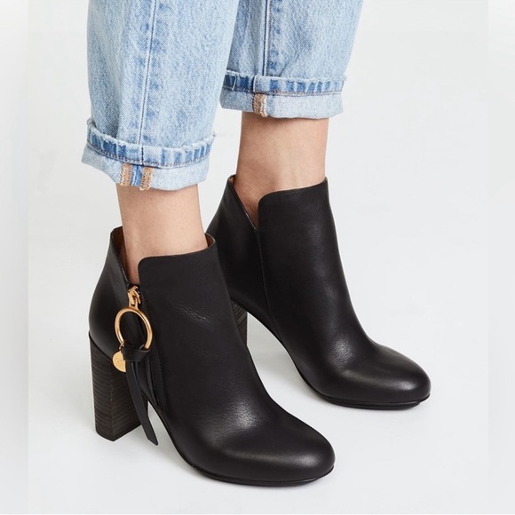 See By Chloe Boots Louise Ankle Leather Block Heel Casual Chic Minimal Black 7 - Picture 1 of 16